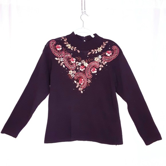 1980s Carly St Claire Sweater Black Beaded Embroidered Mock Neck Top Sz Small - Picture 1 of 7